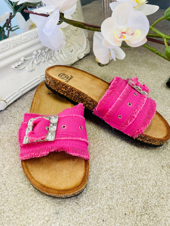 LADIES WOMENS PINK DENIM DIAMANTE BUCKLE SLIDER SUMMER SANDALS