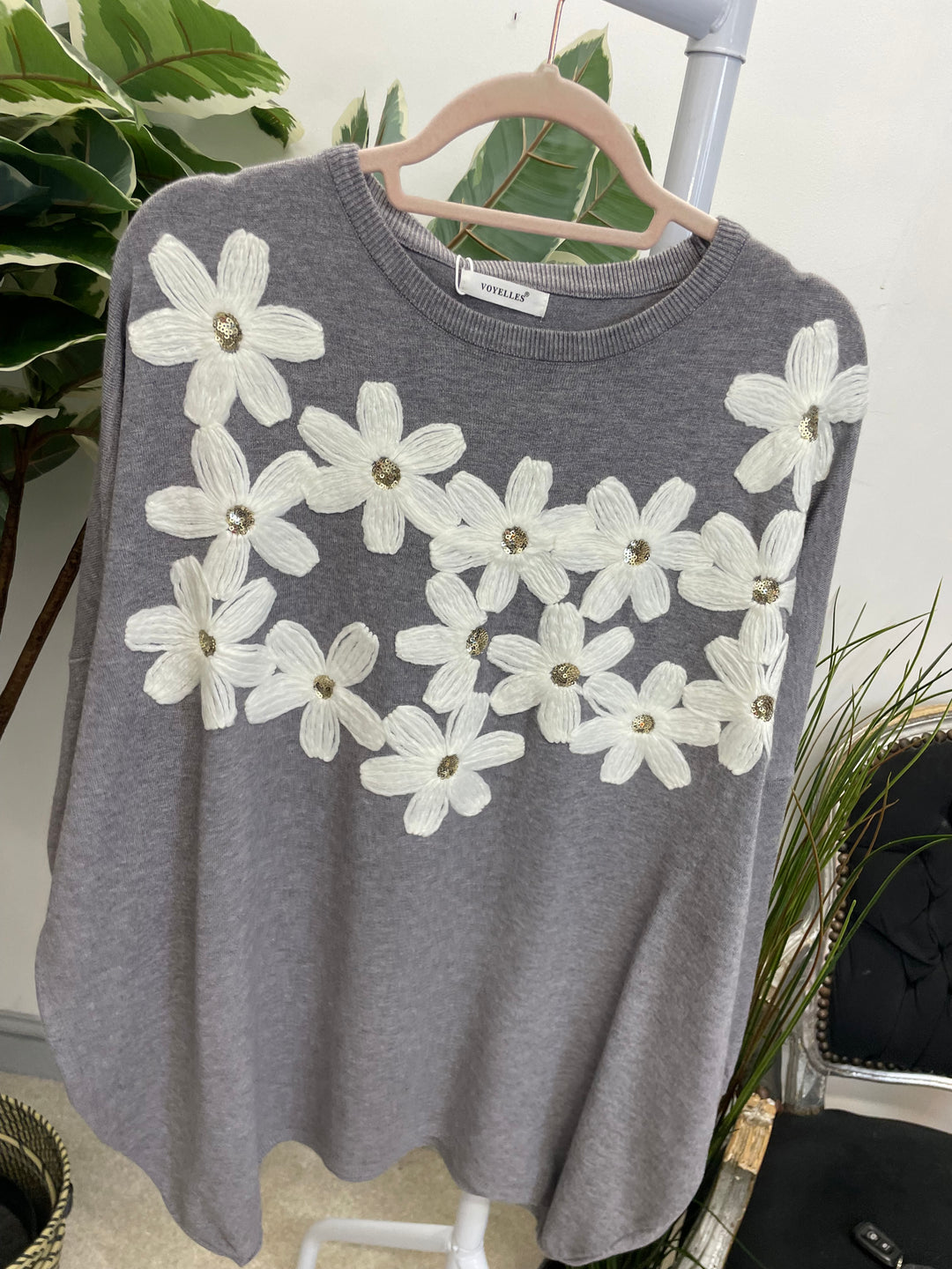 LADIES EMBROIDERED OVERSIZE LOOSE FIT JUMPER GREY