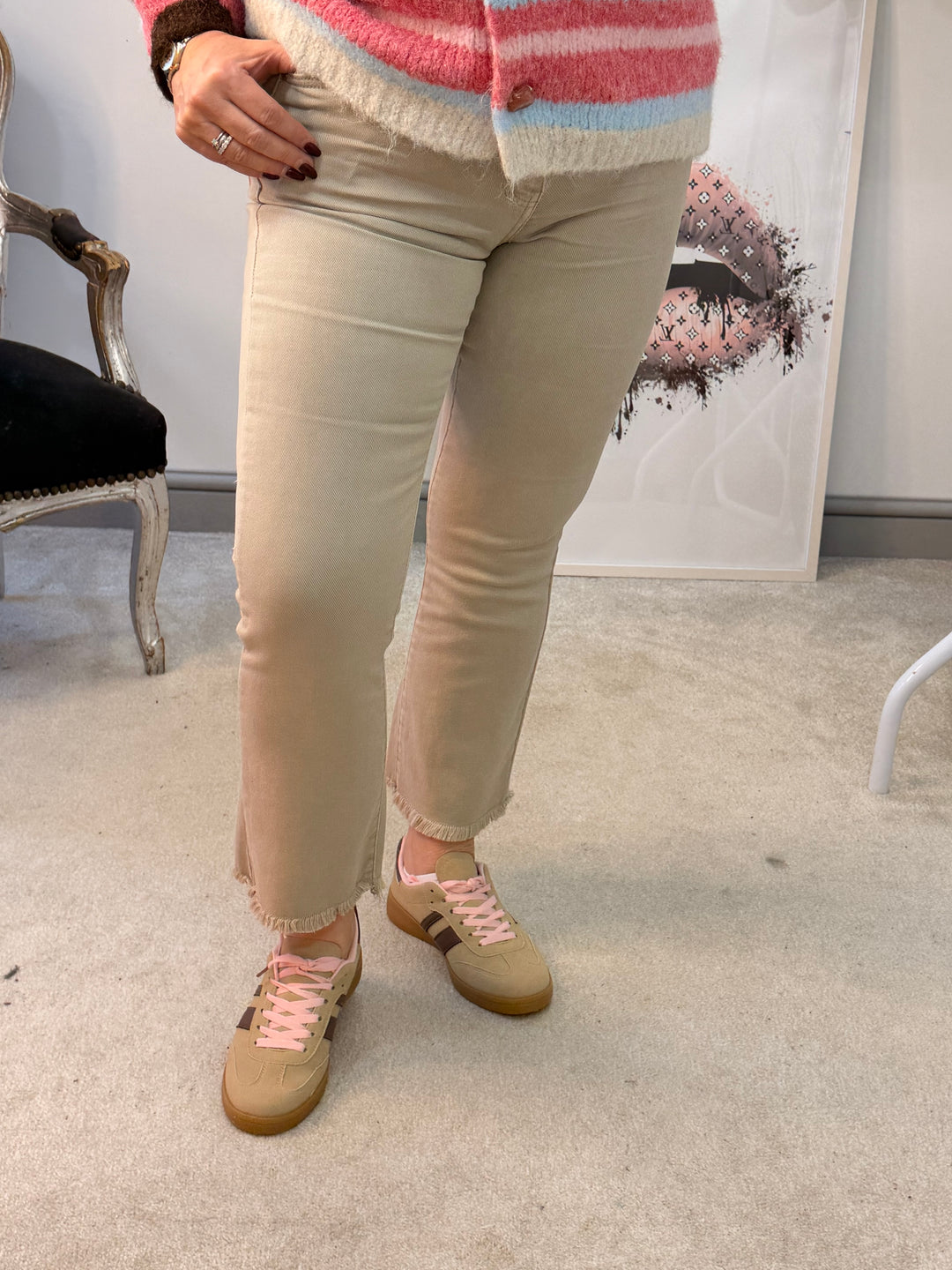 Ladies Fashion Beige Ankle Grazer Jeans