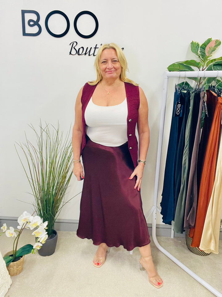 LADIES SATIN MAXI SKIRT - WINE, BLACK, BROWN, RUST, KHAKI, GOLD, NAVY