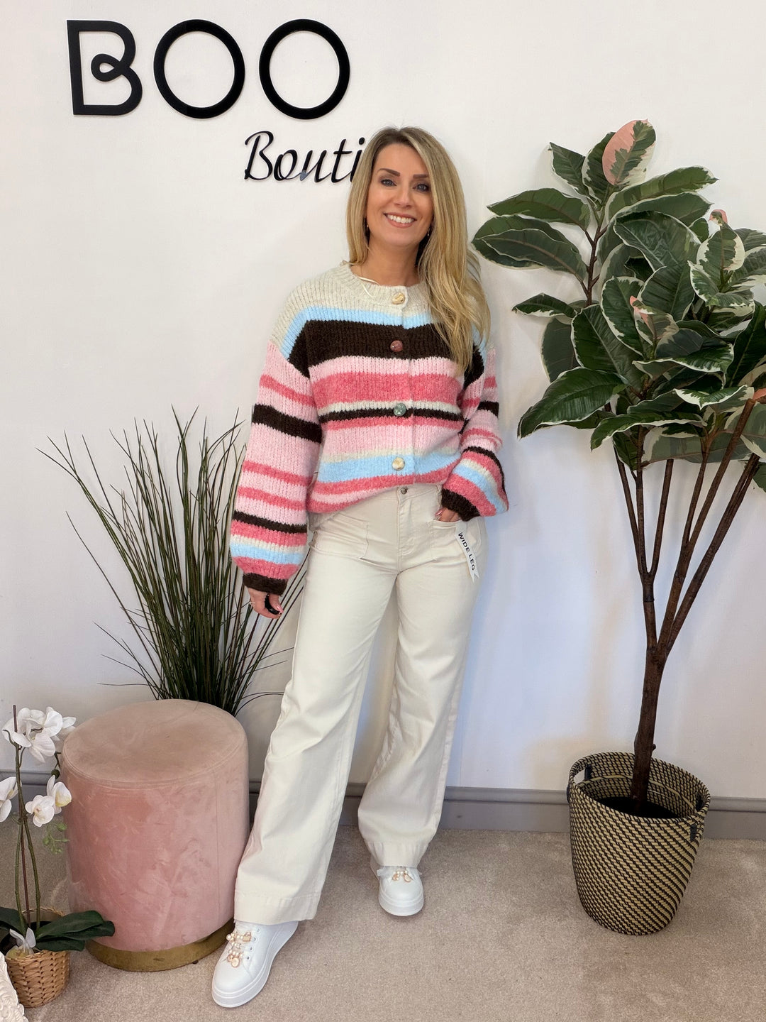 Ladies Fashion Thick Chunky Knit Stripe Oversize Cardigan