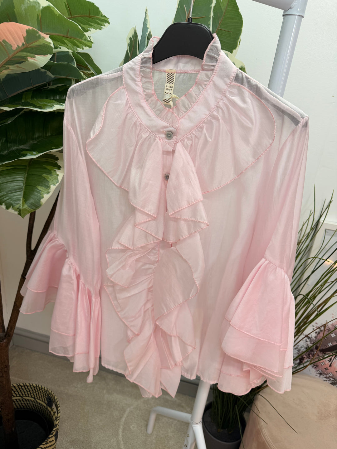 Ladies Fashion Sheer Ruffle Front Blouse Top - white, pink, blue, sage, lemon