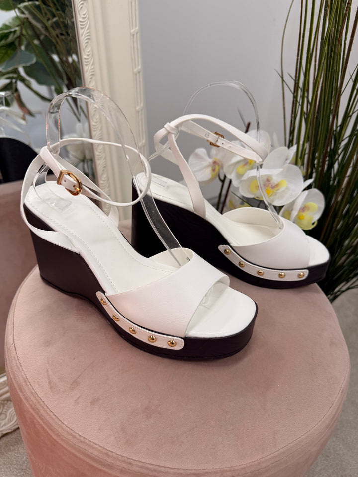 Ladies Fashion High Wedge Heel Sandals Shoes - white, burgundy & camel