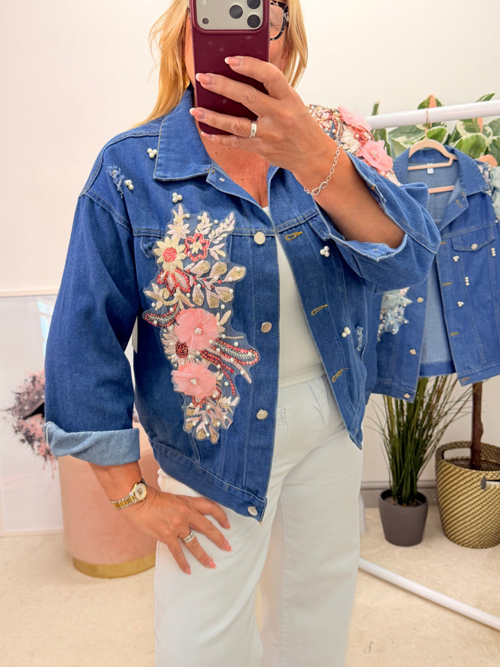 Ladies Blue Denim Applique Flower & Pearl Jacket - Pink & Mint