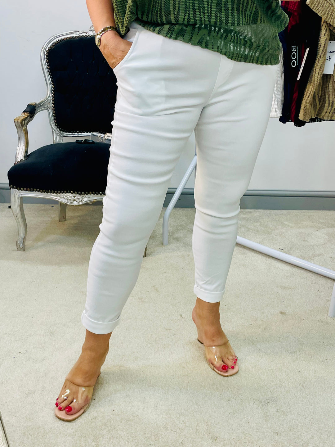 LADIES WOMENS SMART STRETCH MAGIC TROUSERS WHITE