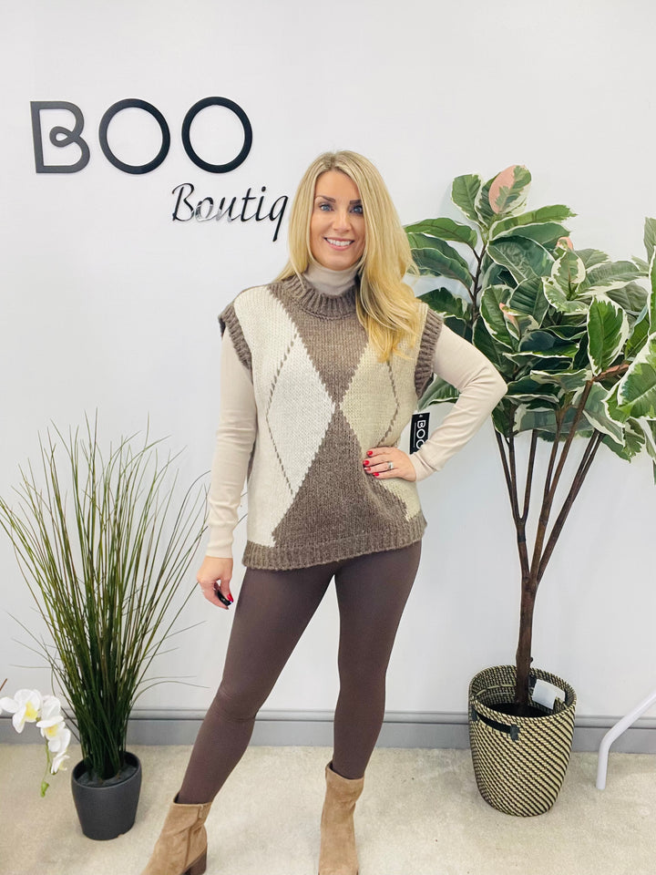 LADIES ARGYLE KNIT TANK TOP - MOCHA, BEIGE, BROWN