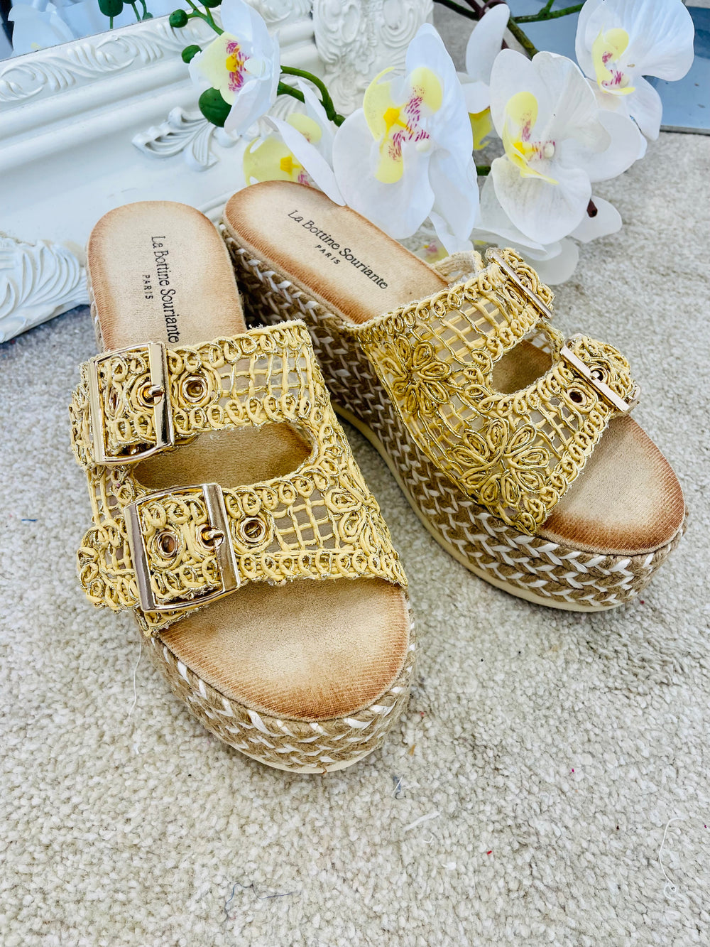LADIES GOLD CROCHET SUMMER WEDGE FLATFORM SANDALS SHOES