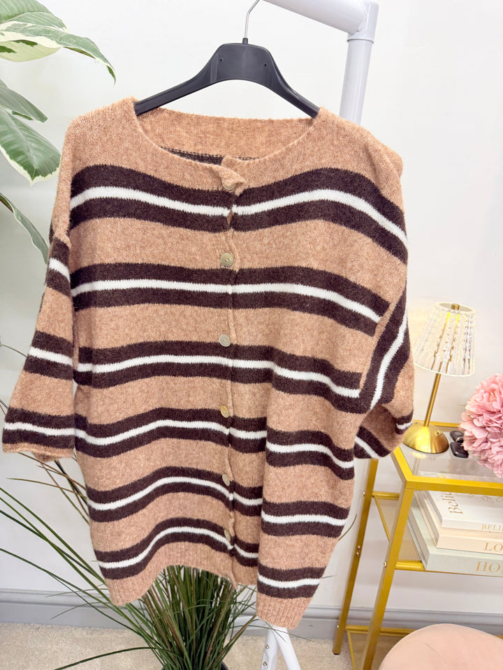 Ladies Fashion Stripe Short Sleeve Cardigan Jumper - Khaki, Camel & Black