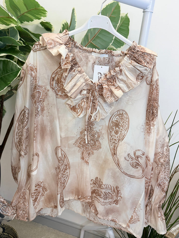 LADIES COTTON PAISLEY PRINT FLOATY BLOUSE - PINK, BEIGE, BLUE, BLACK, MOCHA