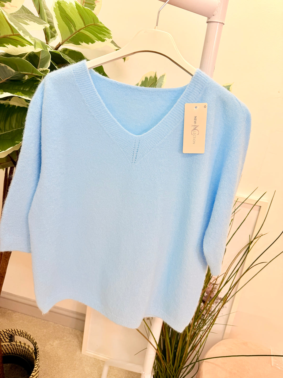 Ladies Fashion Soft Knit Short Sleeve Jumper Top pale blue