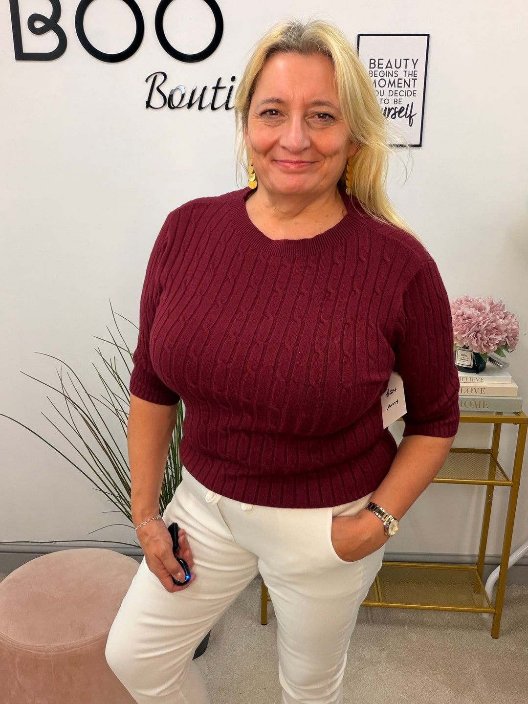 Ladies Inspired Cable Knit Short Sleeve Jumper - Blue, White, Wine, Camel, Brown