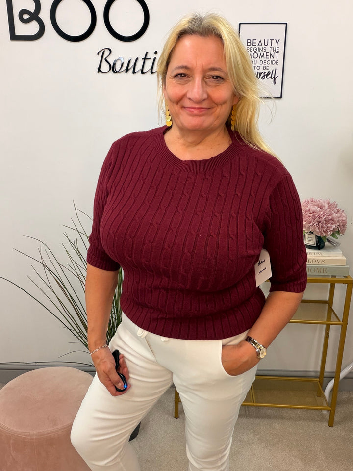 Ladies Inspired Cable Knit Short Sleeve Jumper - Blue, White, Wine, Camel, Brown