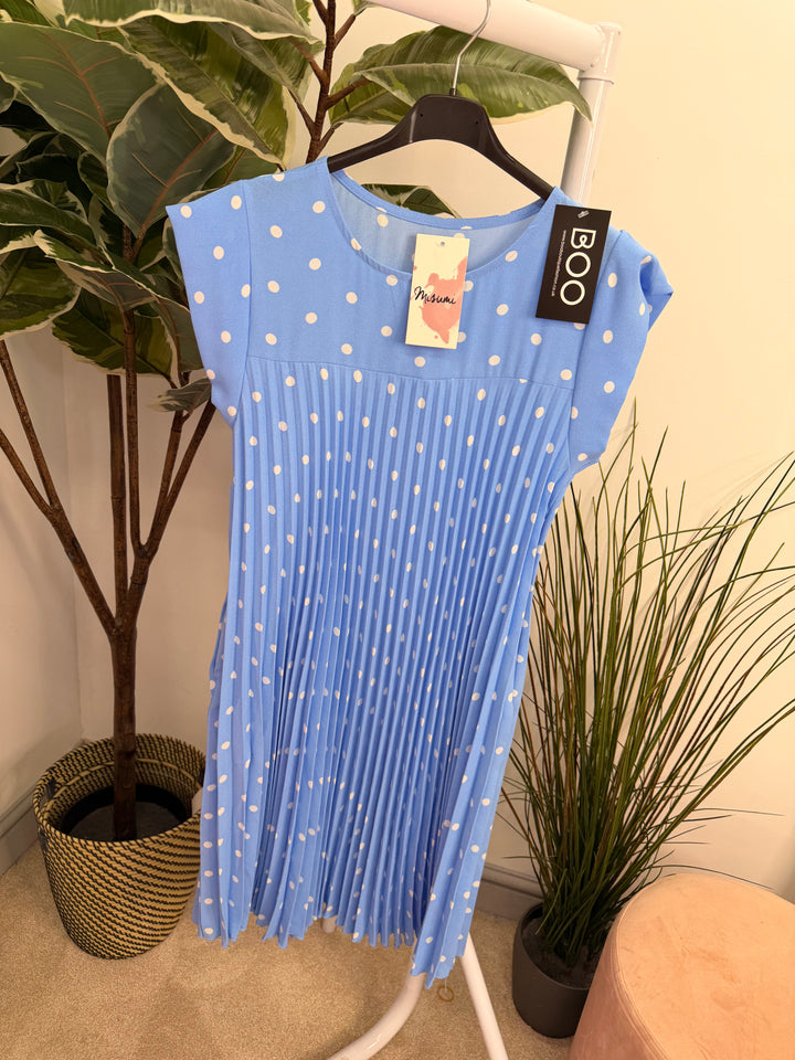 Ladies Pleated Polka Dot Midi Day Dress - black, navy, pink, blue, beige 