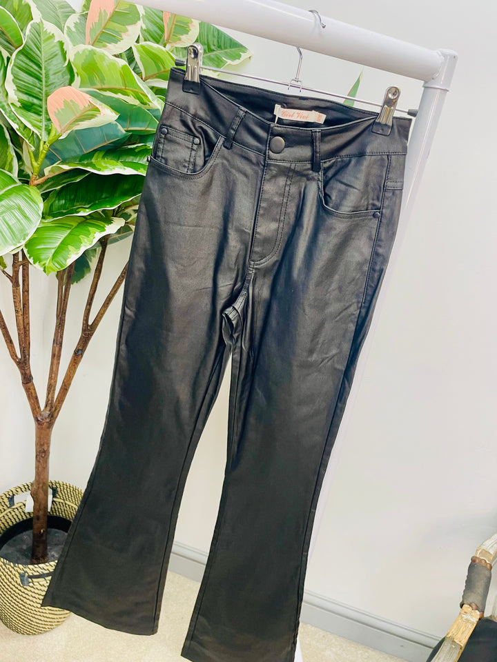LADIES BLACK WAXY SHINY KICK FLARE JEANS