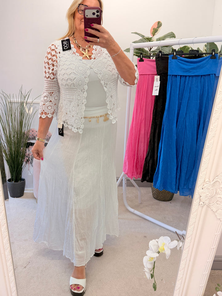 Ladies Fashion Crinkle Boho Maxi Skirt - Brown, White, Pink & Blue