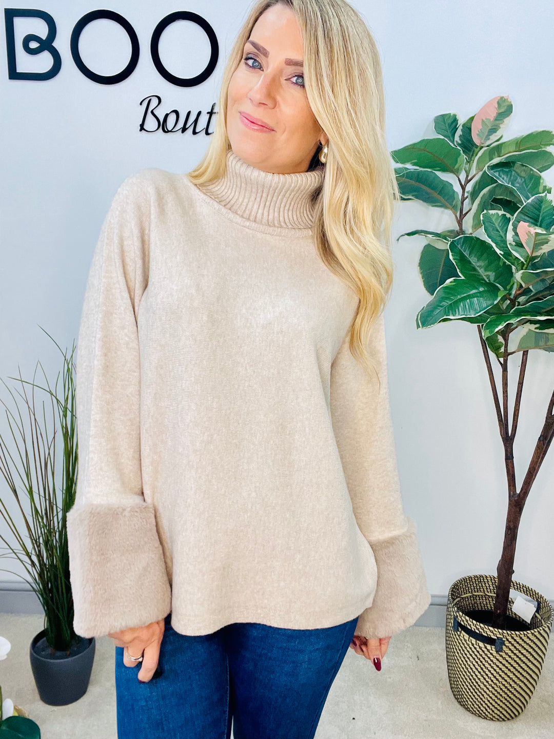 LADIES KNITTED FAUX FUR CUFF JUMPER - BURGUNDY, GREY, BLACK, BROWN, BEIGE, CAMEL
