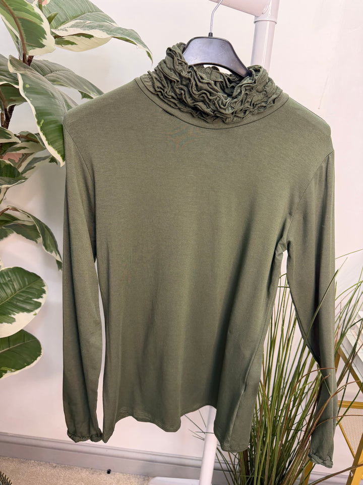 Women’s ruffle roll neck basic layering top khaki