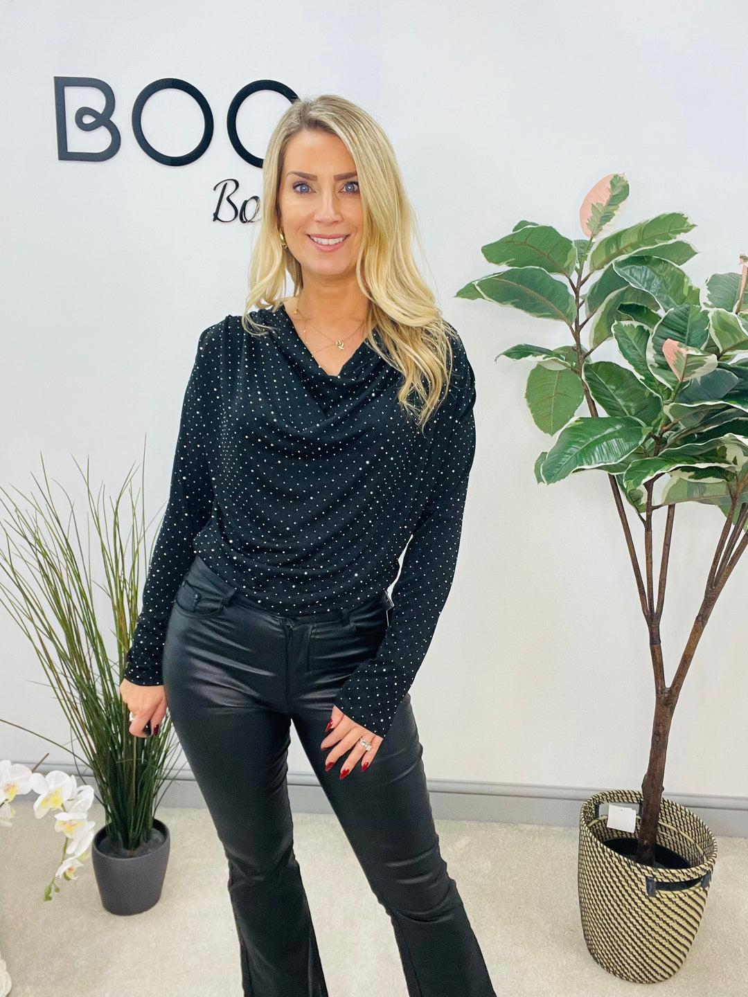 LADIES SPARKLY FESTIVE COWL NECK TOP - GREEN, NAVY, BLACK, BROWN