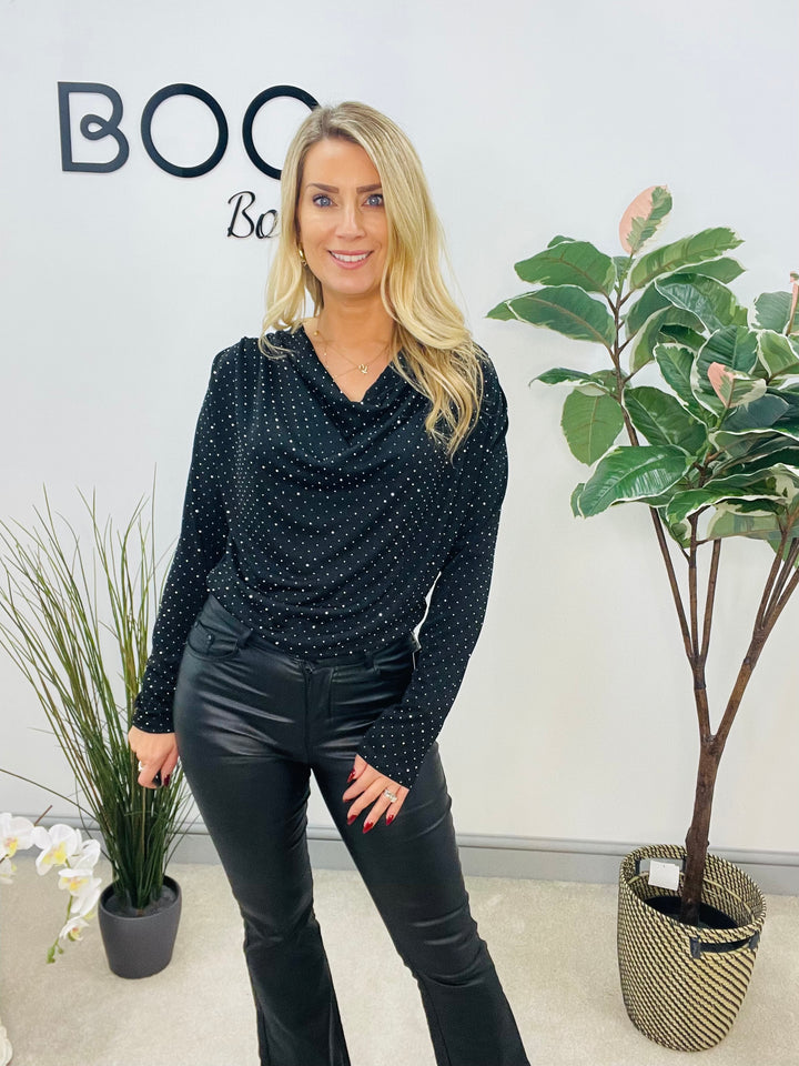 LADIES SPARKLY FESTIVE COWL NECK TOP - GREEN, NAVY, BLACK, BROWN