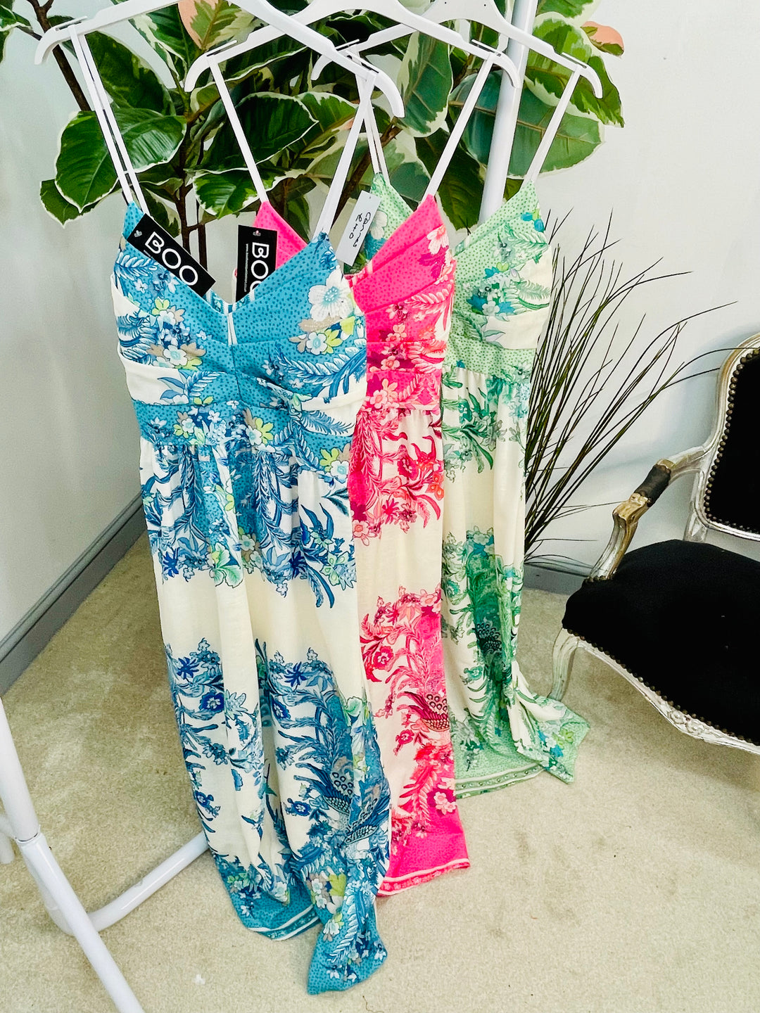 LADIES ORIENTAL PRINT SUMMER CAMI MAXI DRESS - PINK, BLUE & GREEN