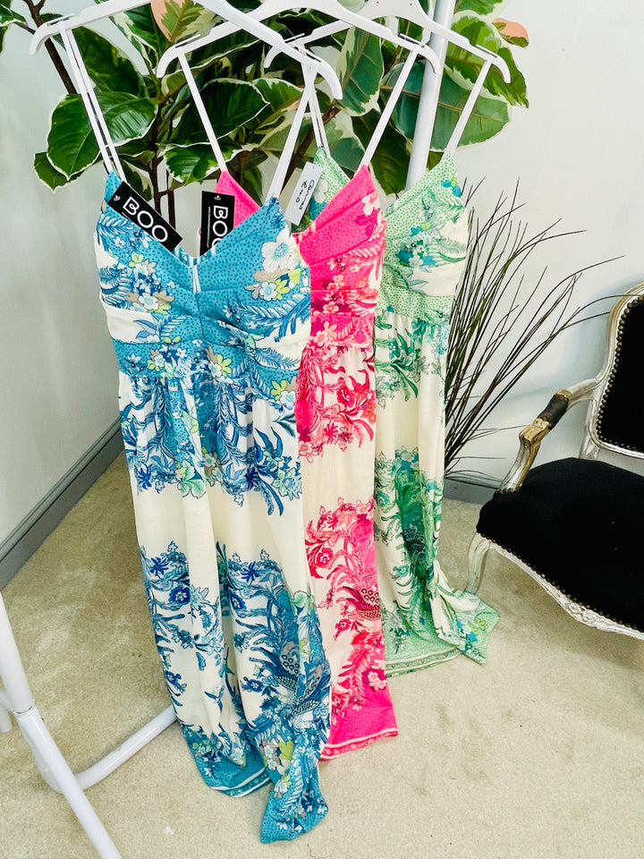 LADIES ORIENTAL PRINT SUMMER CAMI MAXI DRESS - PINK, BLUE & GREEN