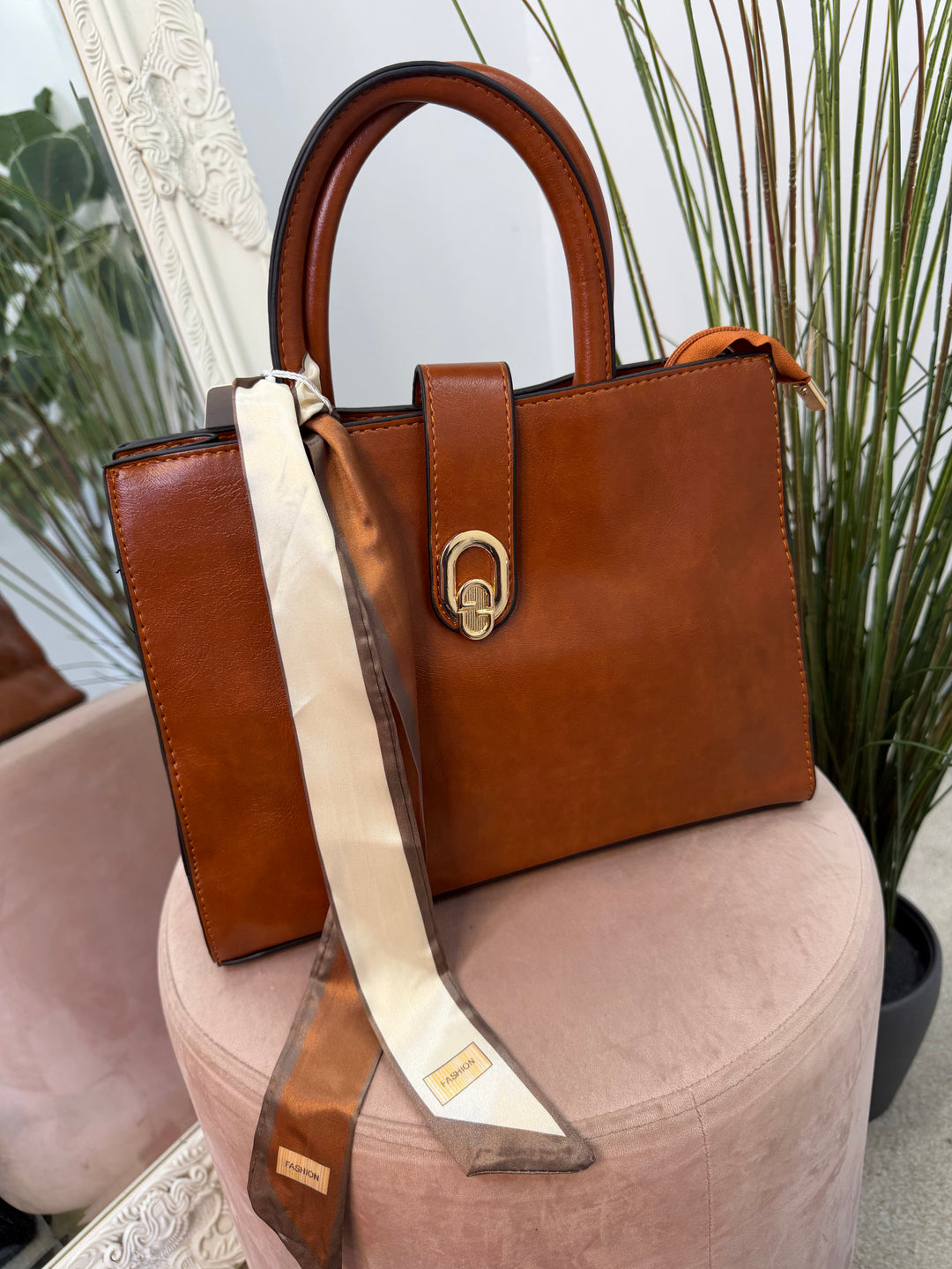 Ladies Fashion Stylish Scarf Handbag - black, brown, tan, & red