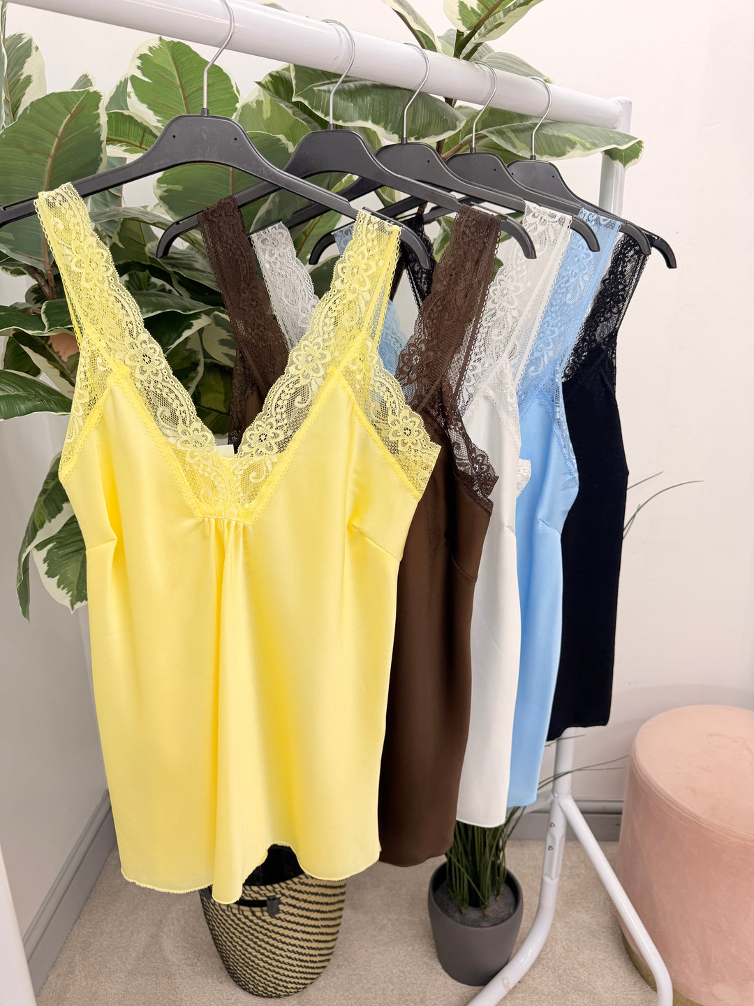 Ladies Fashion Satin Lace Edge Cami Top - Lemon, White, Black, Blue & Brown