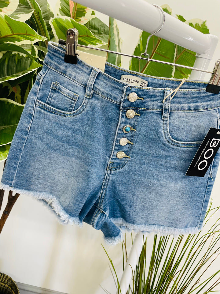 LADIES BLUE DENIM BUTTON FLY SHORTS
