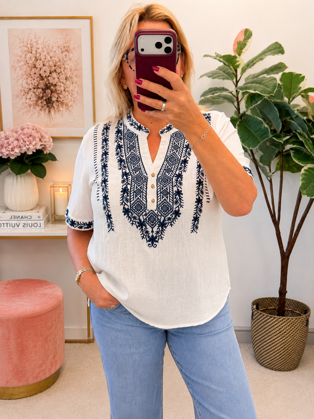 Ladies White & Navy Grandad Shirt Top