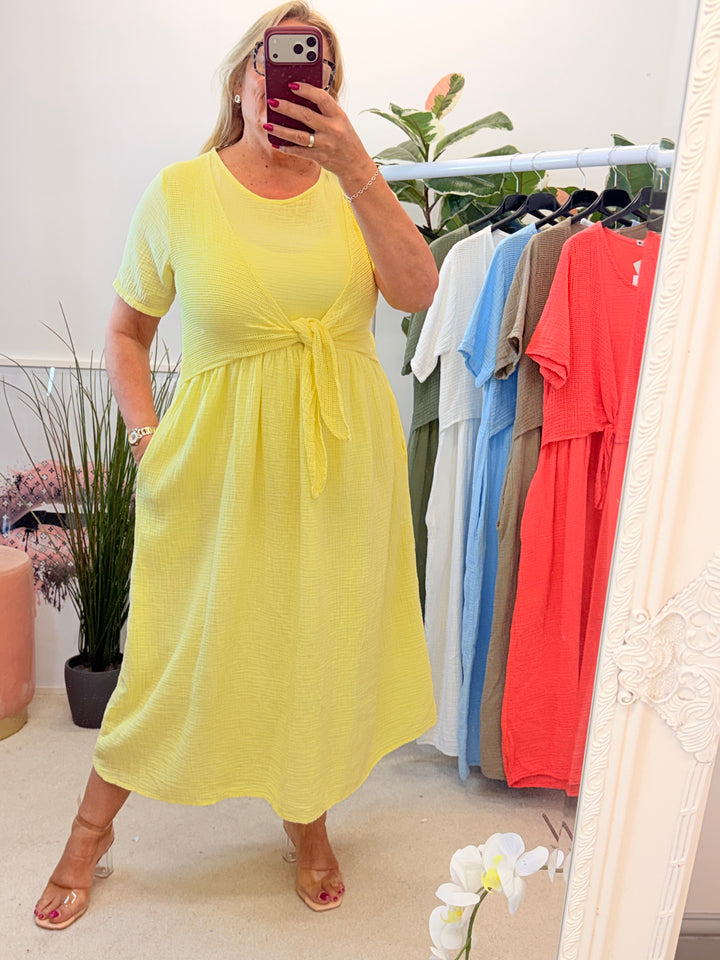 Ladies Cheesecloth Summer Midi Dress - Lemon, Khaki, Coral, White, Lemon, Blue