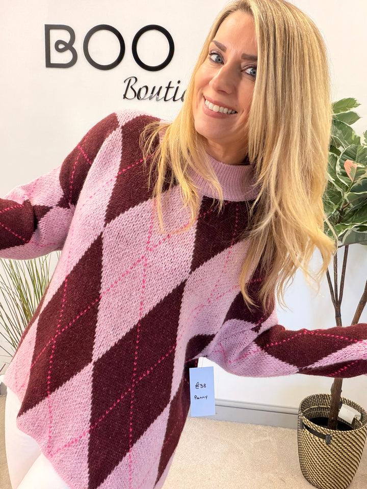LADIES FASHION ARGYLE KNIT JUMPER - BERRY, PINK, GREY, PURPLE