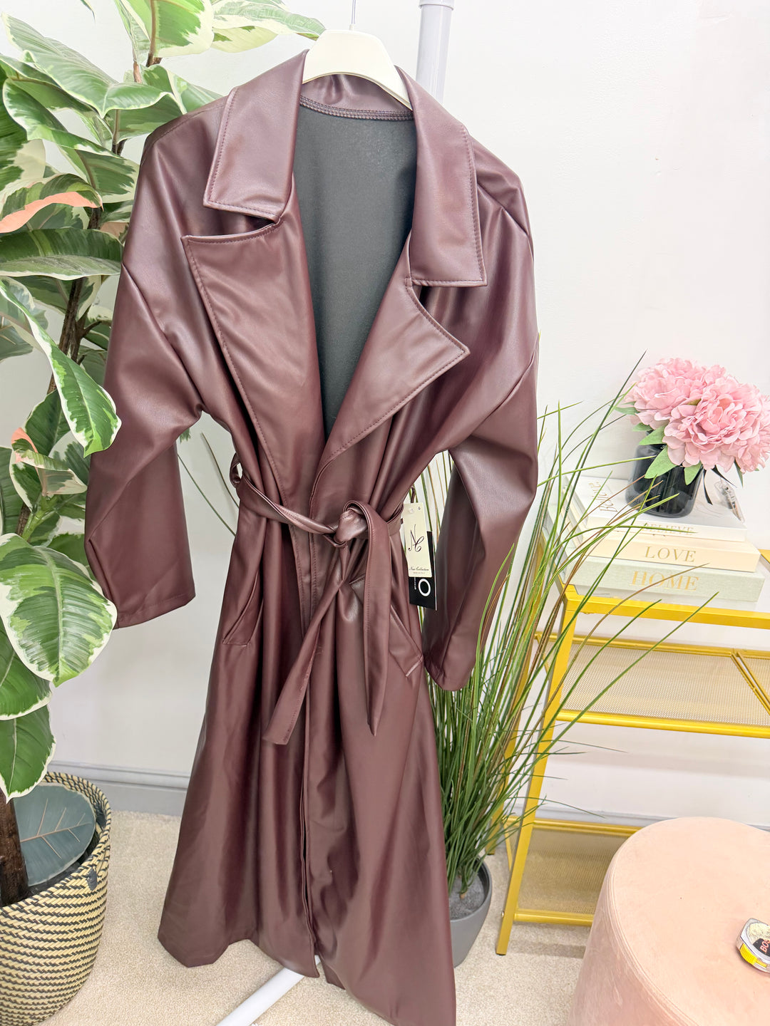 Womens fashion faux leather trench coat - plum, black & brown