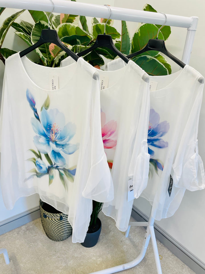 LADIES WHITE SILKY LOOSE FIT PRETTY FEMININE SUMMER TOP