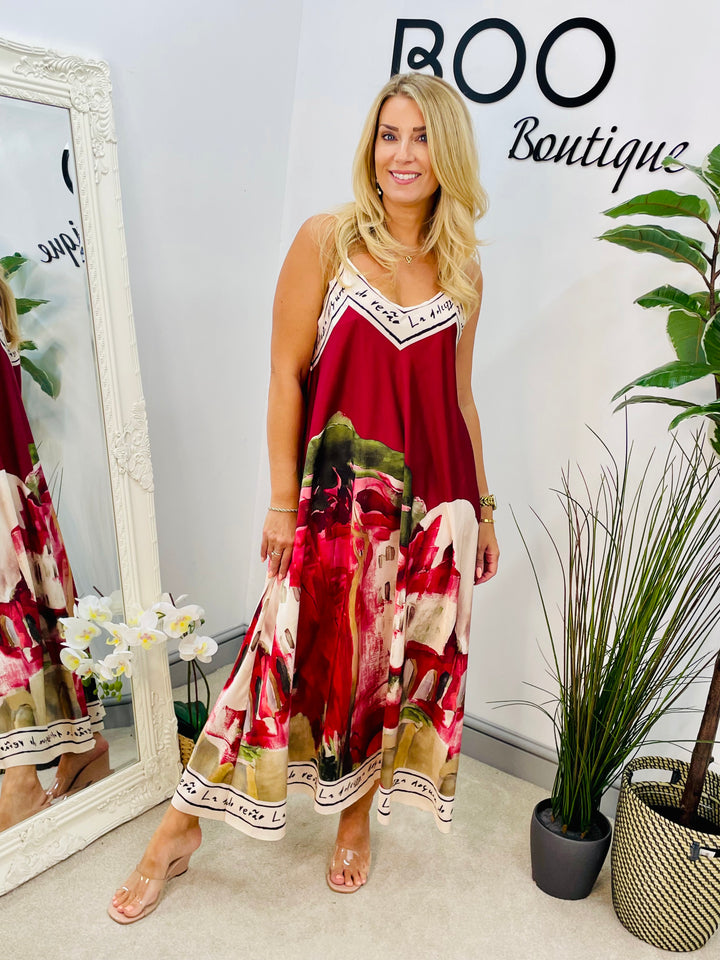 LADIES SUMMER SATIN STUNNING MAXI DRESS - BROWN & BURGUNDY