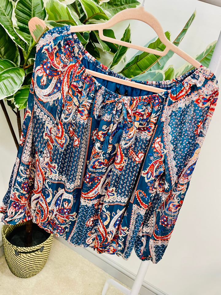 LADIES PAISLEY CHIFFON BARDOT TOP BLOUSE - BEIGE & TEAL