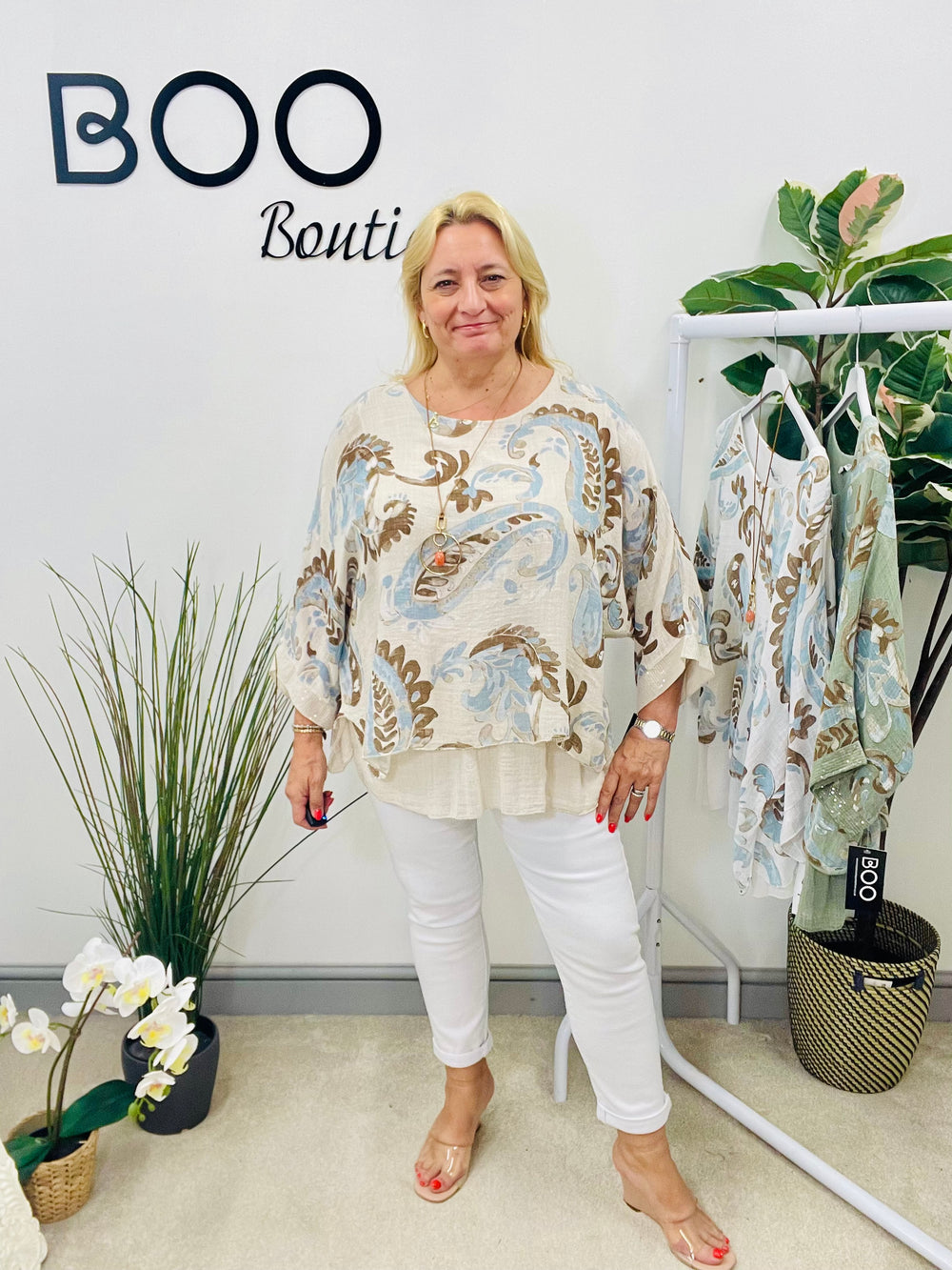 LADIES PAISLEY PRINT LINEN LOOSE FIT TOP - WHITE, BEIGE & KHAKI