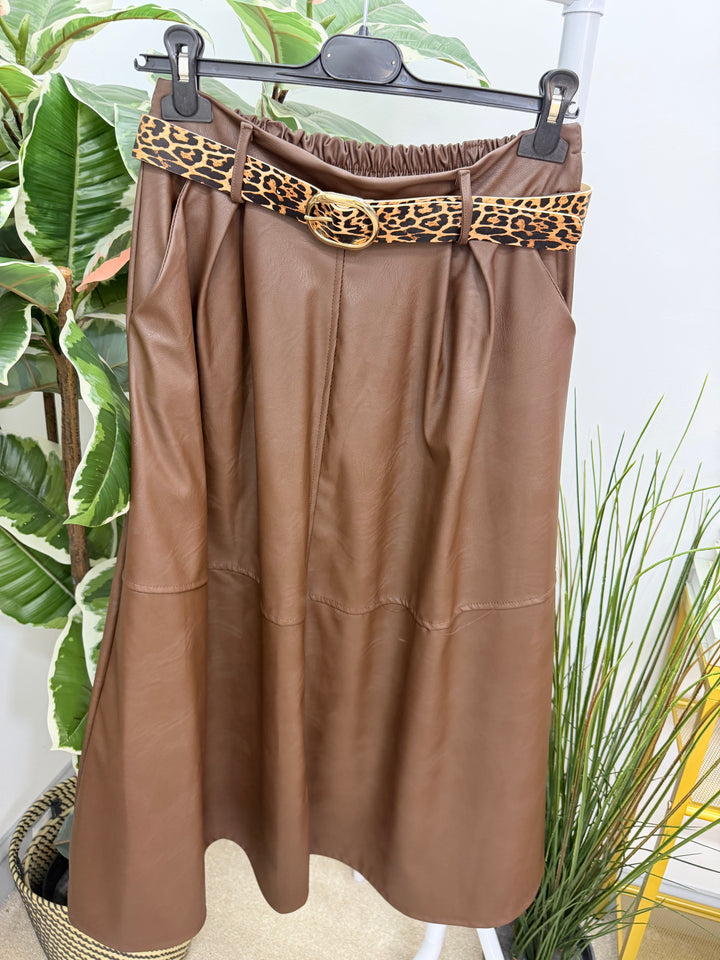 Womens fashion faux leather A line maxi skirt - black, brown & beige