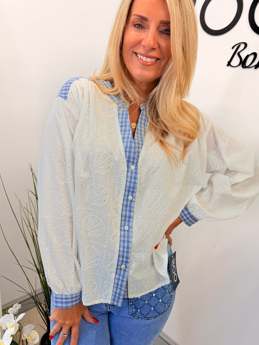 Ladies Fashion White Broderie Anglaise Denim Detail Blouse To