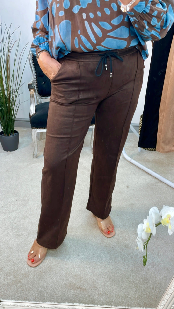 LADIES FAUX SUEDE STRAIGHT LEG TROUSERS - BROWN, CAMEL & BLACK