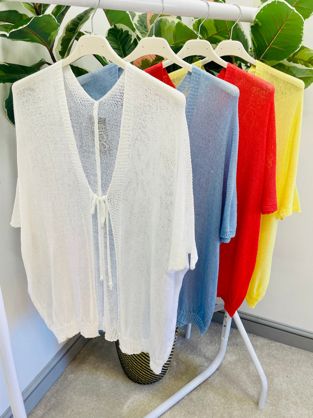 LADIES WOMENS FINE KNIT SUMMER HOLIDAY CARDIGAN - YELLOW, WHITE, CORAL & BLUE