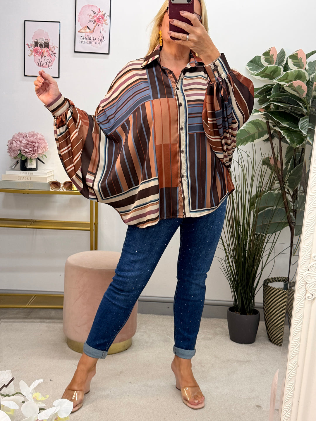 Ladies Blue & Brown Stripe Satin Oversize Loose Fit Blouse Top