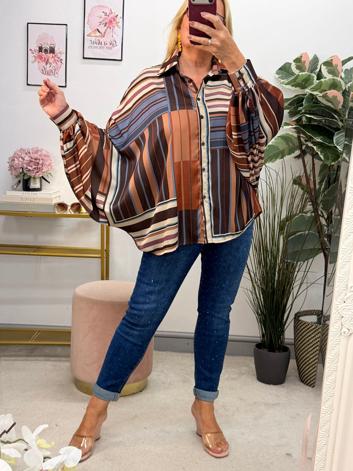 Ladies Blue & Brown Stripe Satin Oversize Loose Fit Blouse Top