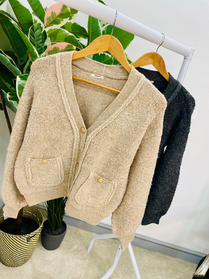 LADIES SOFT THICK CABLE KNIT CARDIGAN - BEIGE & CHARCOAL BLACK
