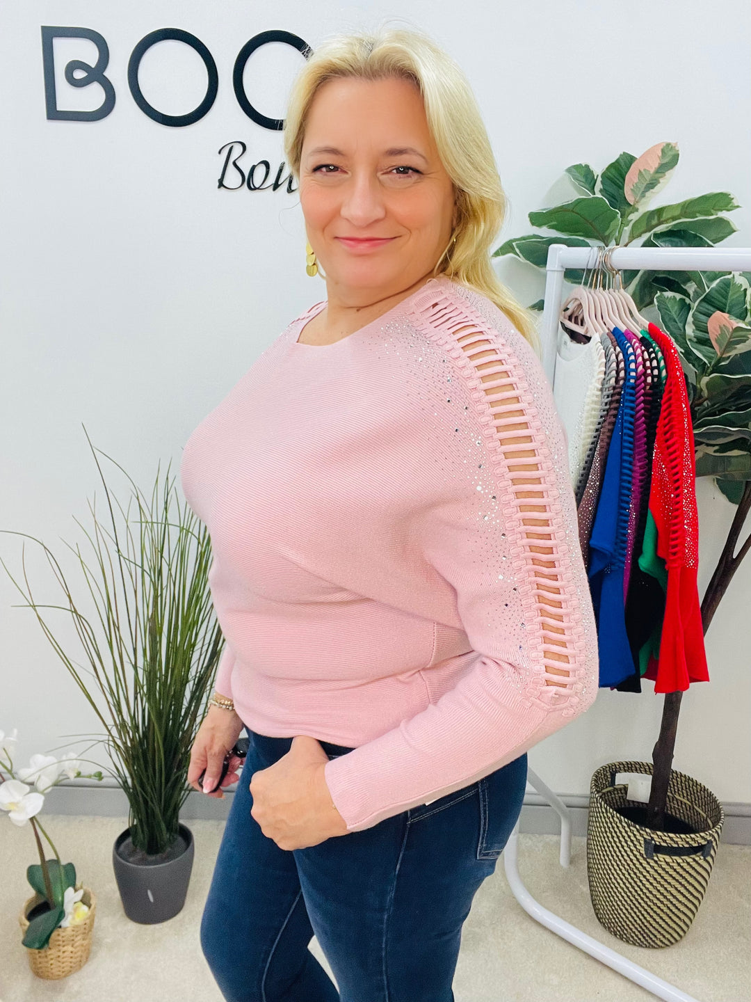 LADIES DIAMANTE BATWING JUMPER PINK