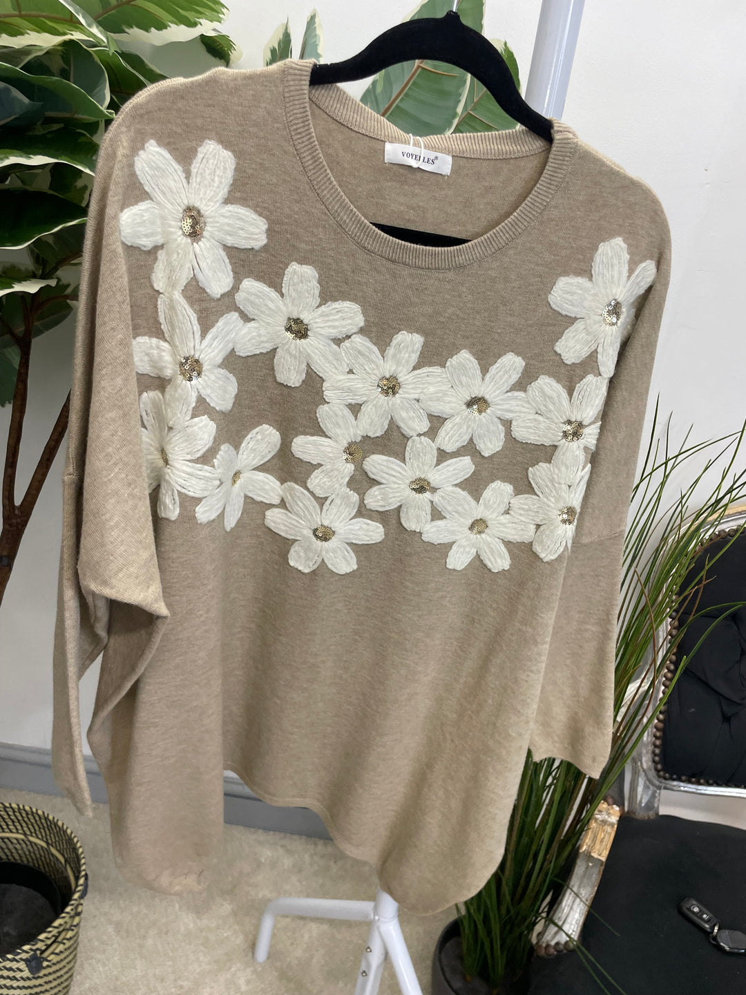 LADIES EMBROIDERED OVERSIZE LOOSE FIT JUMPER MOCHA