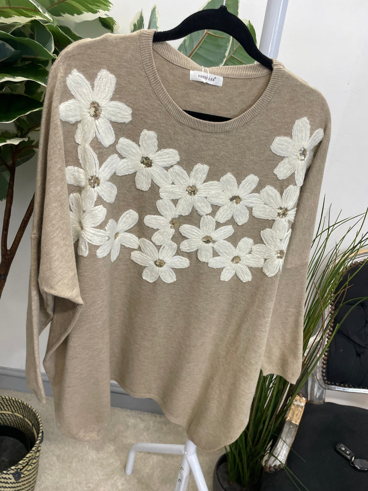 LADIES EMBROIDERED OVERSIZE LOOSE FIT JUMPER MOCHA