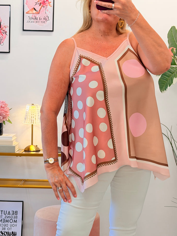 Satin Polka Dot Hankerchief Top - Pink, Khaki, Blue, Lemon