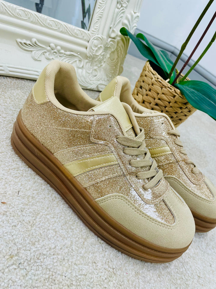 GOLD GLITTER FLATFORM TRAINERS ( LT33 )