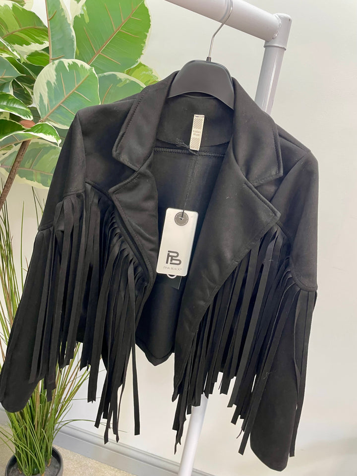 LADIES FAUX SUEDE FRINGED COWBOY BOLERO JACKET - WINE, BLACK, BEIGE & BROWN