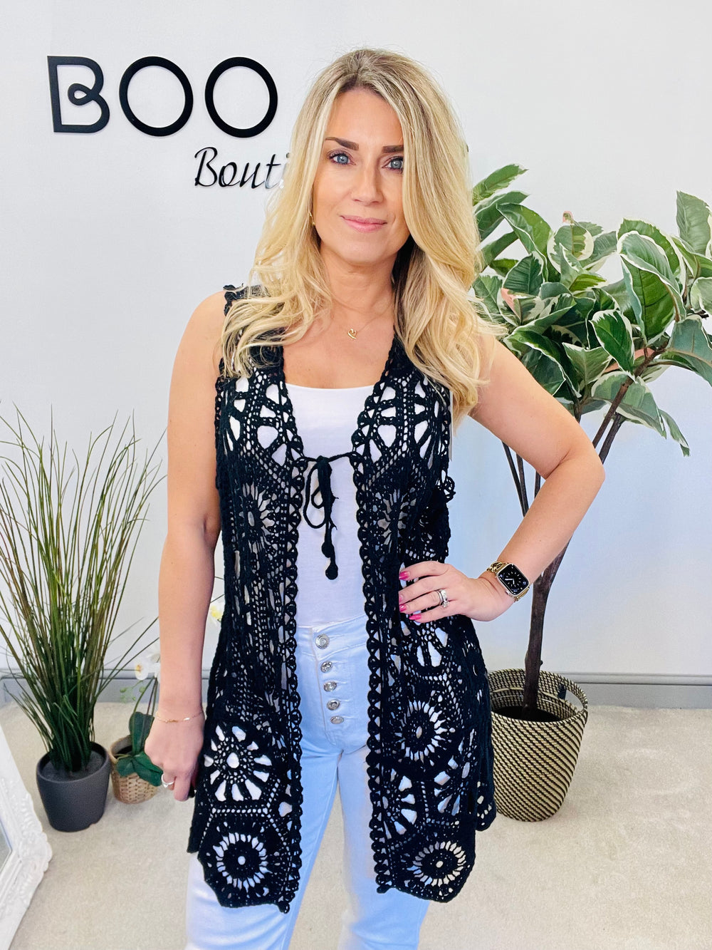 LADIES WOMENS CROCHET SLEEVELESS CARDIGAN - BLACK, WHITE, BEIGE